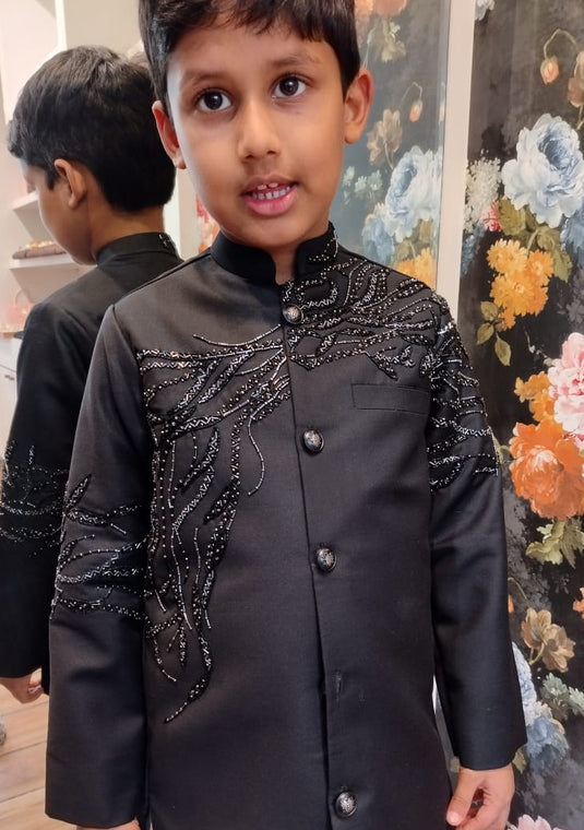 Black Geometric Embroidered Bandhgala