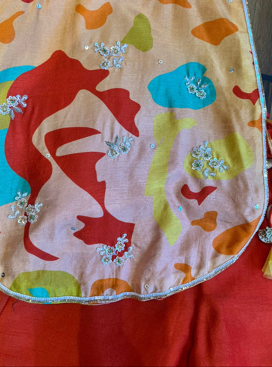 Orange Printed Embroidered Bib Top Pant Set