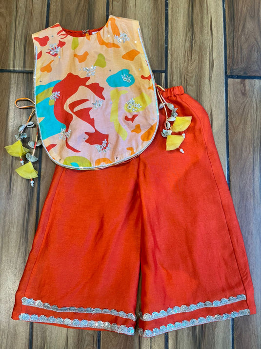 Orange Printed Embroidered Bib Top Pant Set