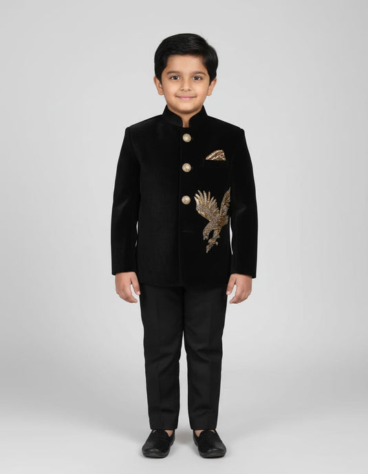 Black Velvet Eagle Embroidered Bandhgala