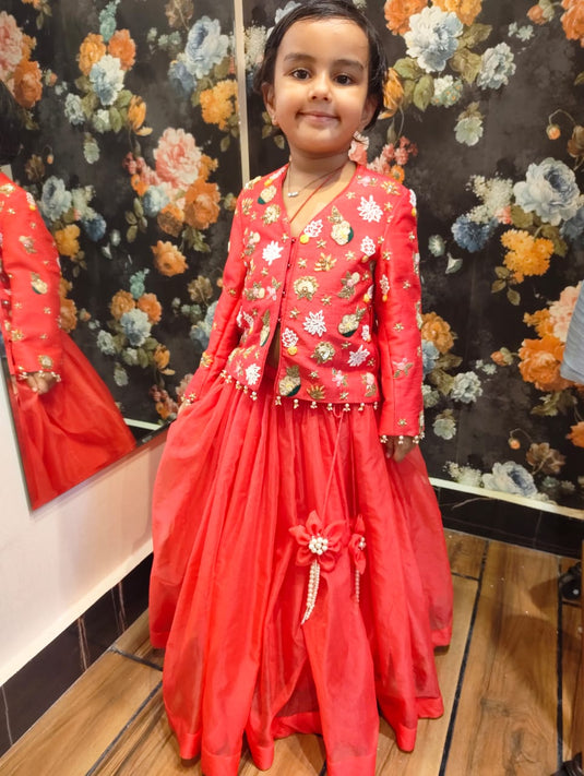 Red Heavy Jacket Organza Lehenga