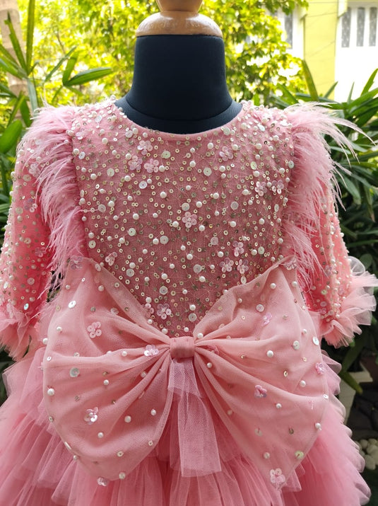 Pink Sequins Bow Net Layered Feather Dress