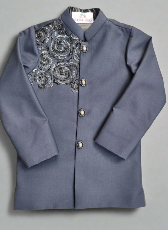 Navy Blue Rose Embroidery Bandhgala