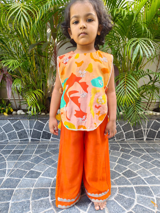 Orange Printed Embroidered Bib Top Pant Set