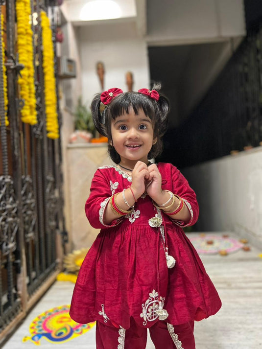 Dark Red Peplum Top Tulip Pant Set