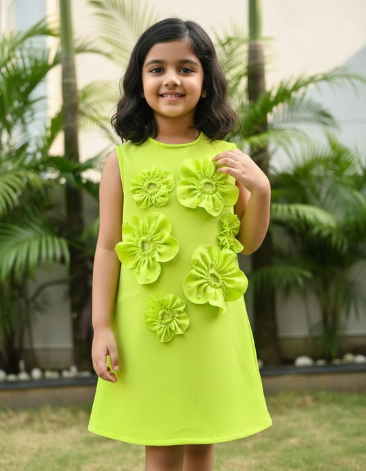Neon Green Flower Dress With Sequins