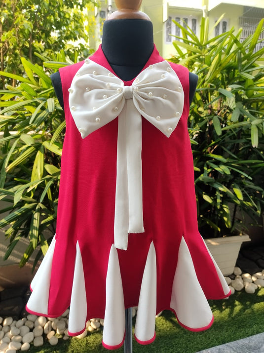 Red And White Godet Dress With Bow