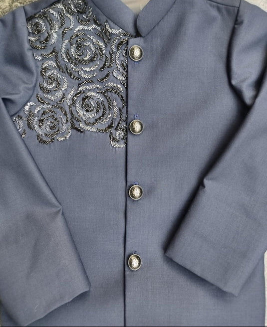 Navy Blue Rose Embroidery Bandhgala