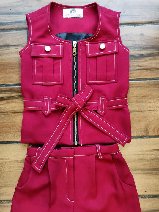 Maroon Zipped Belted Coord Set