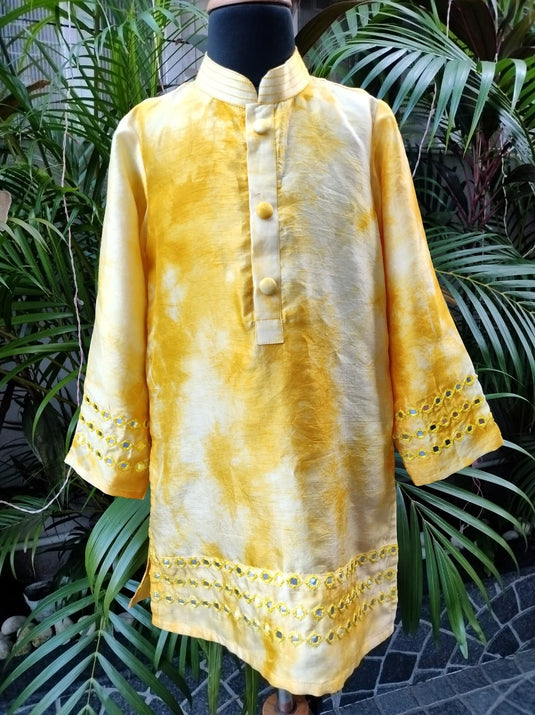 Yellow Tie Dye Mirrorwork Kurta Set With Pant