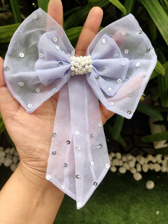 Double Bow Pearl Sequins Organza Clip