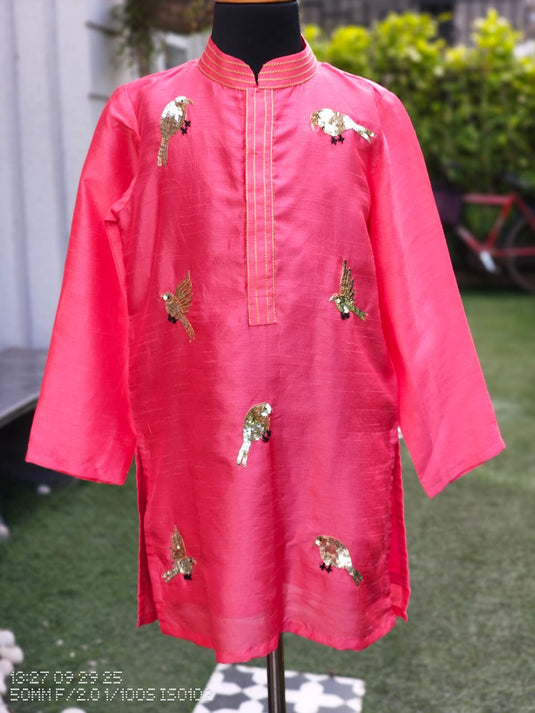 Pink Sequins Bird Kurta Set With Pant