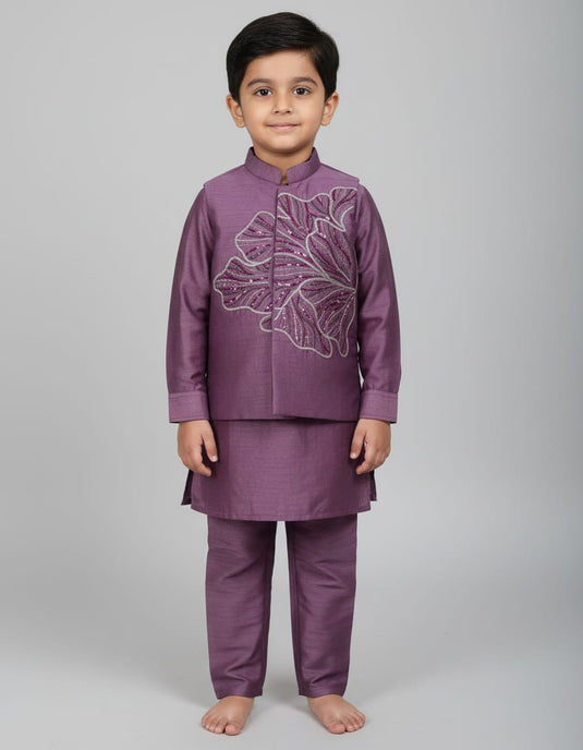 Regal Purple Big Flower Embroidered Kurta Set With Pant