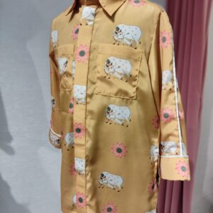 COW PRINT KURTA WITH SHIRT STYLE AND SIDE PIPING