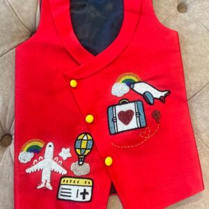 RED PLANE AND TRAVEL THEME WAISTCOAT