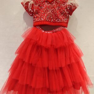 RED MIRROR WORK LEHENGA WITH TIERED NET GHER