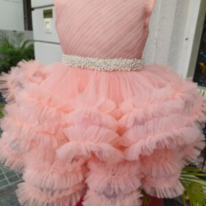 PEACH RUFFLE DRESS WITH ATTACHED PEARL BELT