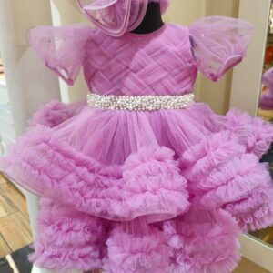 LAVENDER LAYERED NET DRESS WITH ATTACHED PEARL AND SEQUINS BELT