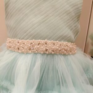 BLUE RUFFLE DRESS WITH ATTACHED PEARL BELT