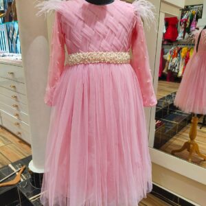 PINK FULL SLEEVES CALF LENGTH PEARL NET DRESS