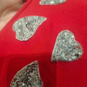 RED RUFFLE SCUBA DRESS WITH SILVER SEQUINS HEARTS