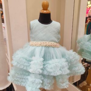 BLUE RUFFLE DRESS WITH ATTACHED PEARL BELT