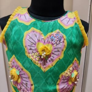GREEN HEARTS EMBROIDERED TOP WITH TASSELED DRAPE SKIRT
