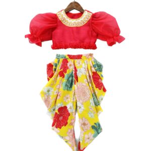 RED MIRROR TOP AND YELLOW FLORAL PRINTED DHOTI PANT