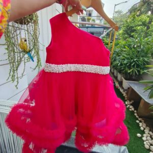 PINK ONE SHOULDER RUFFLE DRESS WITH ATTACHED PEARL BELT