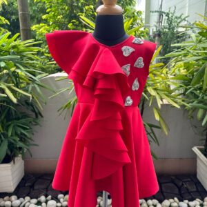 RED RUFFLE SCUBA DRESS WITH SILVER SEQUINS HEARTS