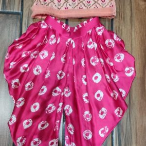 PEACH EMBROIDERED TOP WITH PINK BANDHEJ DHOTI PANT