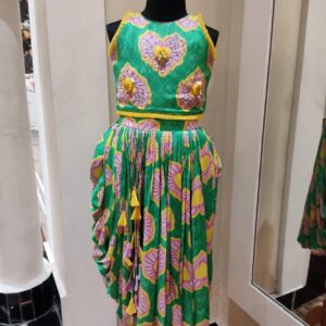 GREEN HEARTS EMBROIDERED TOP WITH TASSELED DRAPE SKIRT