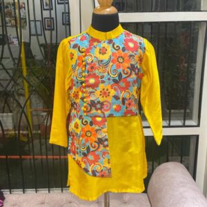 MUSTARD KURTA SET WITH ATTACHED FLORAL JACKET