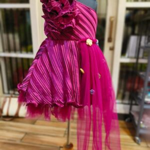 WINE PLEATED SATIN AND NET DRESS