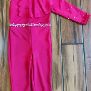 HOT PINK EMBELLISHED RUFFLE JUMPSUIT WITH ONE SIDE SLEEVE