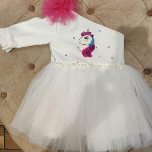 WHITE SCUBA DRESS WITH UNICORN PATCH